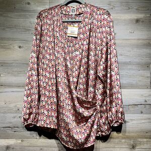 ANNE KLEIN Faux Wrap Surplice Satin Blouse Top Size 3X Multicolor Long Sleeve